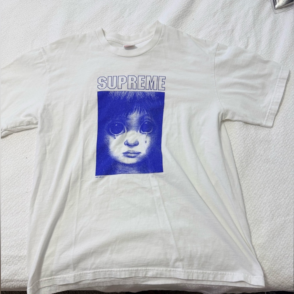 Supreme White T-Shirt with Blue Graphic - Margaret keen